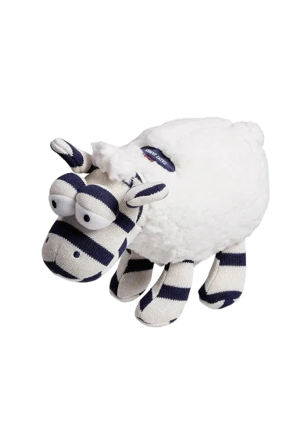 Das SAINT JAMES Mouton ist ein Plüschschaf mit einem flauschigen weißen Körper und blau-weiß gestreiften Beinen, Gesicht und Ohren.