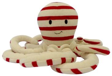 SAINT JAMES Poulpe Plüsch mit roten und weißen Streifen, schwarzen Augen und einem kleinen Lächeln auf weißem Hintergrund.