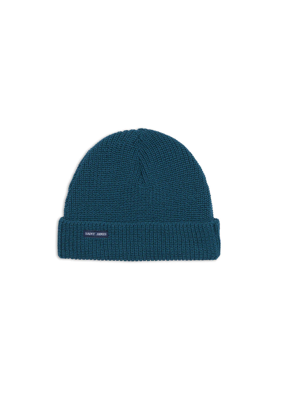 Die Bonnet Perle von SAINT JAMES ist eine tealfarbene Strickmütze mit umgeschlagener Krempe und einem kleinen rechteckigen Etikett auf der Vorderseite.