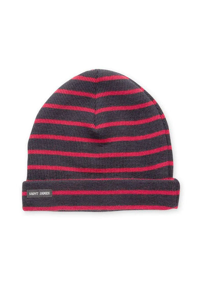 Die SAINT JAMES Bonnet De Quart ist eine dunkelgraue und rote Matrosenmütze aus Wolle mit einem Etikett an der Manschette.