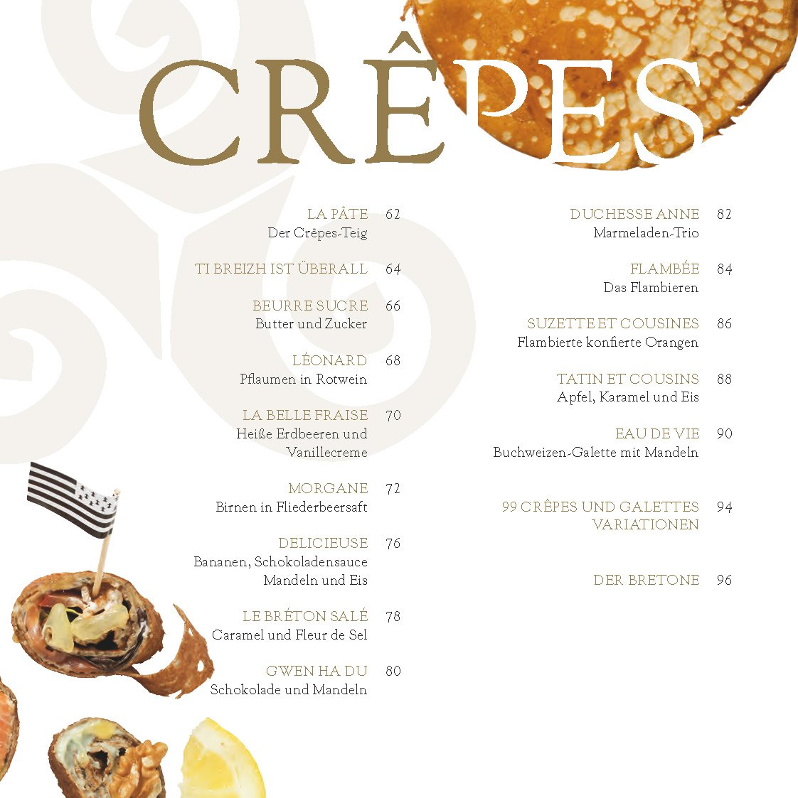 Deutsche Speisekarte für Crêpes et Galettes "c'est bon !" von divers mit großem Crêpe-Foto, gefüllten Crêpes, kleiner bretonischer Flagge.