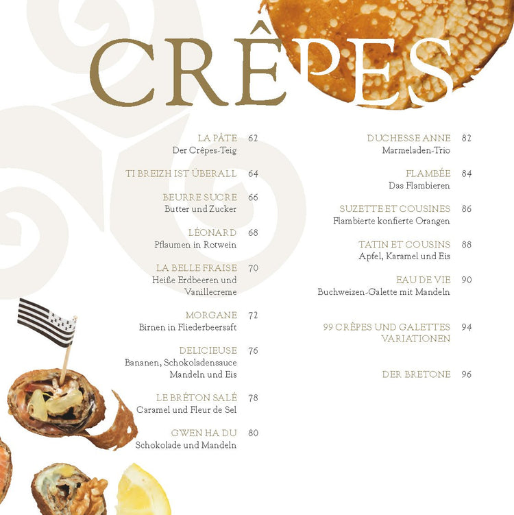 Deutsche Speisekarte für Crêpes et Galettes "c'est bon !" von divers mit großem Crêpe-Foto, gefüllten Crêpes, kleiner bretonischer Flagge.