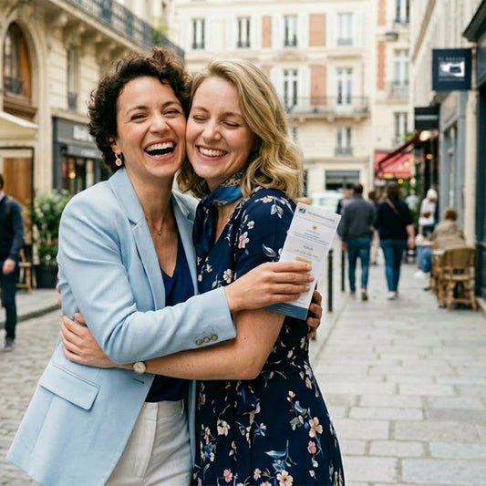 Zwei Frauen umarmen sich und lächeln auf einer Straße in der Stadt und tauschen Boutique de la Mer Gutscheine von Boutique de la Mer aus.
