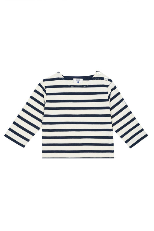 Das MOUSQUETON Mario Bebe ist ein marineblaues und weißes Langarmhemd mit Knöpfen, aus weicher Baumwolle.