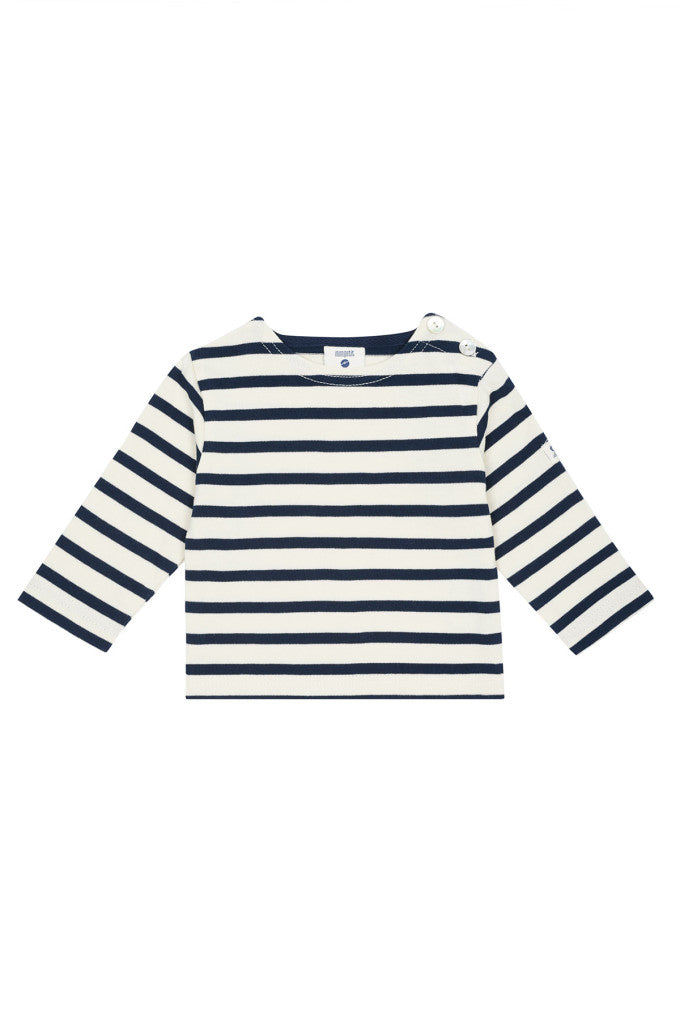 Das MOUSQUETON Mario Bebe ist ein marineblaues und weißes Langarmhemd mit Knöpfen, aus weicher Baumwolle.